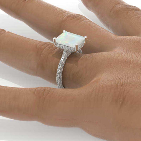 5 Carat Emerald Cut White Opal Hidden Halo Engagement White Gold Ring