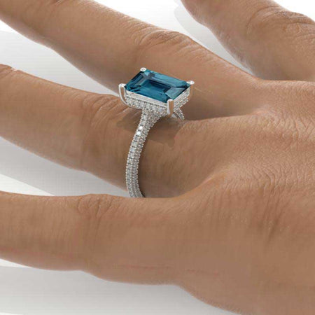 5 Carat Giliarto Emerald Cut Teal Sapphire Hidden Halo Engagement White Gold Ring