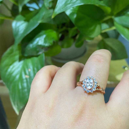 1 Carat Oval Cut Vintage Rose Genuine Natural Aquamarine Ring, Rose Gold Floral Unique Oval Halo Ring