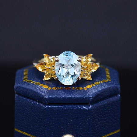 14K Yellow Gold 2 Carat Oval Genuine Natural Aquamarine Halo Citrine  Vintage Cluster  Engagement Ring