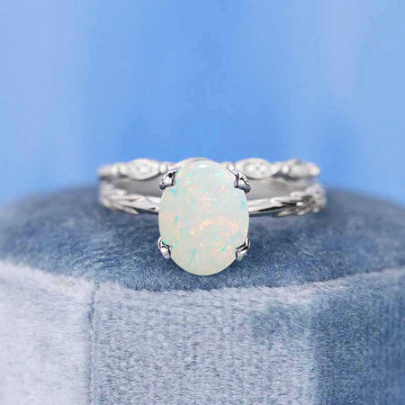 3 Carat Oval White Opal Engagement Eternity Gold Rings Set