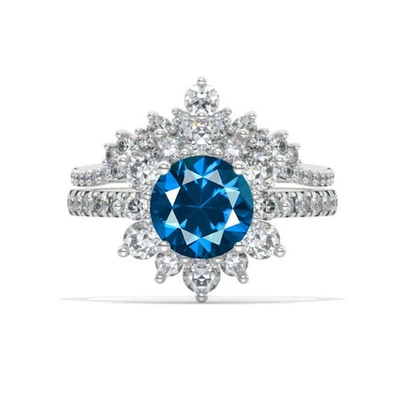 2 Carat Round  Cornflower Sapphire Snowflake Halo Engagement Ring. Victorian 14K Yellow Gold Ring