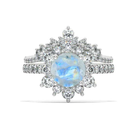 2 Carat Natural Moonstone Snowflake Halo Engagement Ring. Victorian 14K Yellow Gold Ring