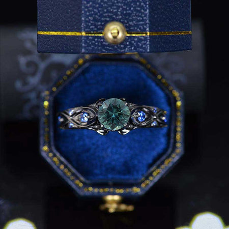 14K Black Gold Teal Sapphire Celtic Engagement Ring