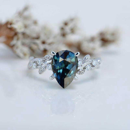 3 CaratTeal Sapphire Pear Cut Floral White Gold Engagement Ring