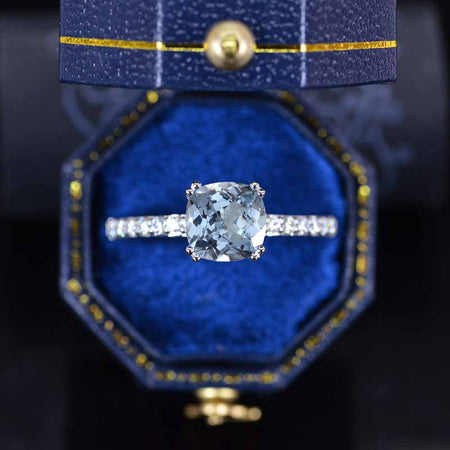 2 Carat Cushion Cut Genuine Natural Aquamarine Stone 14K White Gold Ring