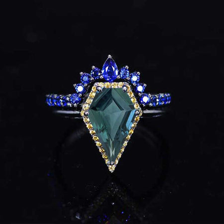 14K Black Gold 3 Carat Kite Teal Sapphire Halo Engagement Ring, Rings Set