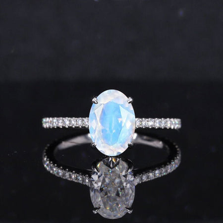 3 Carat Carat Oval Genuine moonstone Ring, Hidden Halo Gold Engagement Ring