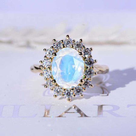 3 CT Oval Halo Natural Moonstone Vintage Wedding Ring. 14K Solid Gold Engagement Ring Anniversary Ring, Baguette Double Halo Ring