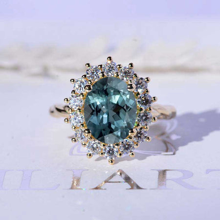 3 CT Oval Halo Teal Sapphire Vintage Wedding Ring. 14K Solid Gold Engagement Ring Anniversary Ring, Teal Sapphire Double Halo Ring