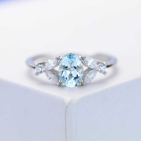 14K White Gold 1.5 Carat Oval Genuine Natural Aquamarine Halo Vintage Engagement Ring