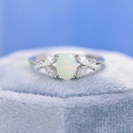 14K White Gold 1.5 Carat Oval White Opal Halo Vintage Engagement Ring