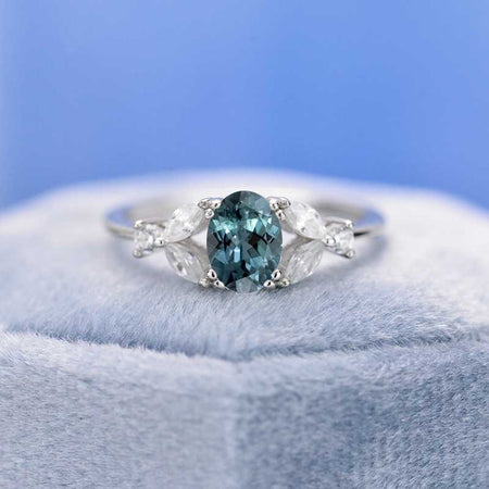 14K White Gold 1.5 Carat Oval Teal Sapphire Halo Vintage Engagement Ring