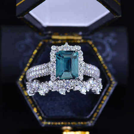 3Ct Teal Sapphire Engagement Ring Halo Emerald Cut Teal Sapphire Engagement Ring, 9x7mm Step Cut Teal Sapphire Engagement Ring with Eternity Band