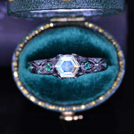 14K Black Gold Hexagonal Natural Moonstone Celtic Engagement Ring