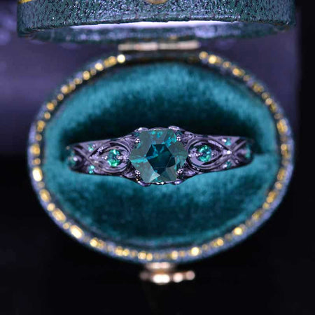 14K Black Gold Hexagonal Teal Sapphire Celtic Engagement Ring