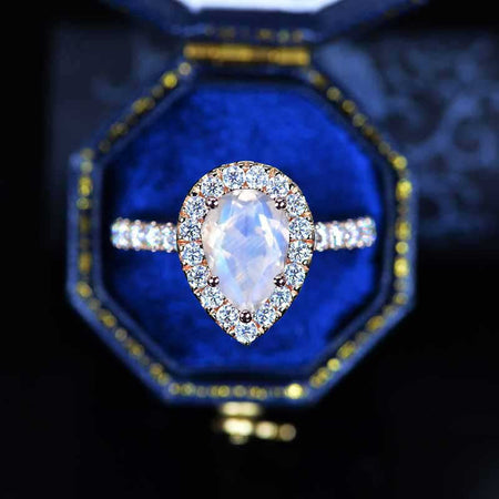 14K Solid Rose Gold 3 Carat Genuine moonstone Pear Cut Halo Moissanite Ring