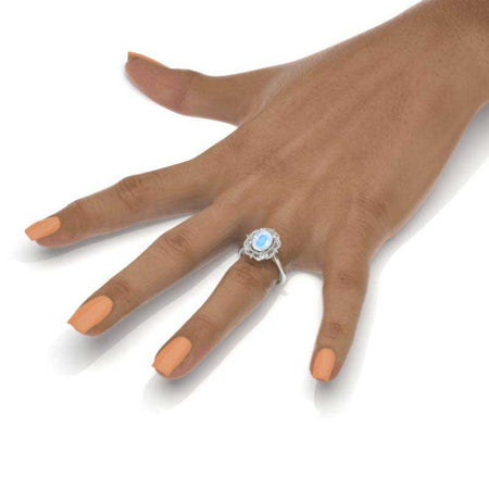 14K White Gold 2 Carat Oval Natural Moonstone Halo Vintage Engagement Ring