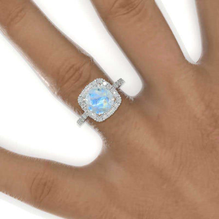 2.5 Carat Cushion Natural Moonstone Halo Engagement Ring. Victorian 14K White Gold Ring