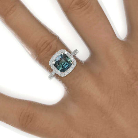 2.5 Carat Cushion Teal Sapphire Halo Engagement Ring. Victorian 14K White Gold Ring