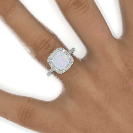 2.5 Carat Cushion Genuine White Opal  Halo Engagement Ring. Victorian 14K White Gold Ring