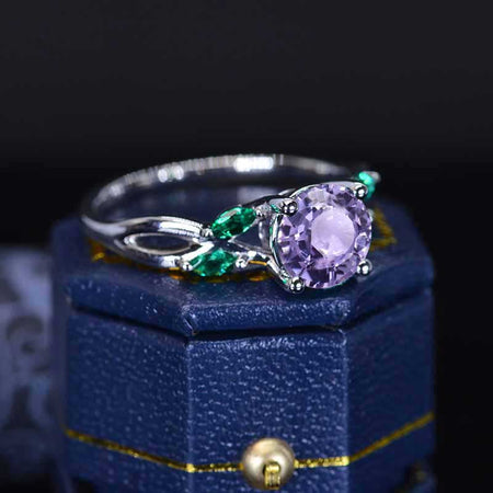 2Ct Round Purple Sapphire Engagement Ring, Purple Sapphire Engagement Ring, Purple Sapphire Side Accents Stones 14K White Gold Ring