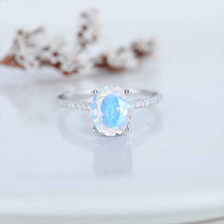 3 Carat Oval Natural Moonstone Ring, Hidden Halo Rose Gold Engagement Ring