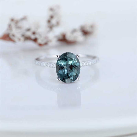 3 Carat Oval Teal Sapphire Ring, Hidden Halo Rose Gold Engagement Ring