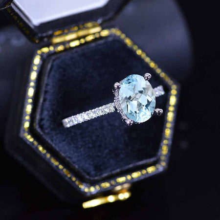 2 Carat Oval Genuine Natural Aquamarine Hidden Halo Engagement Ring