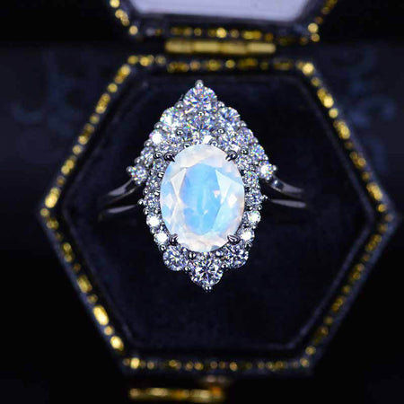 14K White Gold 2 Carat Oval Genuine moonstone Halo Engagement Ring Set