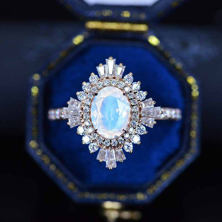 2 Carat Genuine moonstone Oval Cut Halo 14K Yellow Gold Engagement Ring