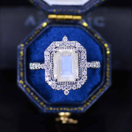 2Ct Emerald Cut Halo Genuine Moonstone Ring, Genuine Moonstone Ring, Genuine Moonstone Emerald Cut Vintage Style Ring