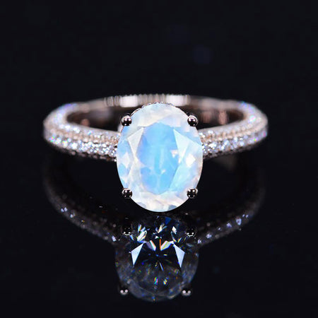 Luxury 3 Carat Oval Genuine moonstone Hidden Halo Gold Rose Engagement Ring