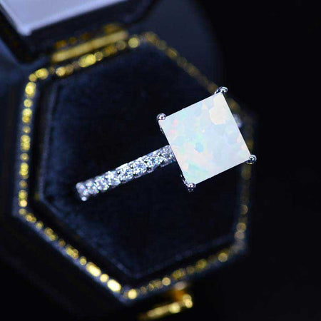 3 Carat Dark   Princess Cut White Opal Stone 14K White Gold Ring