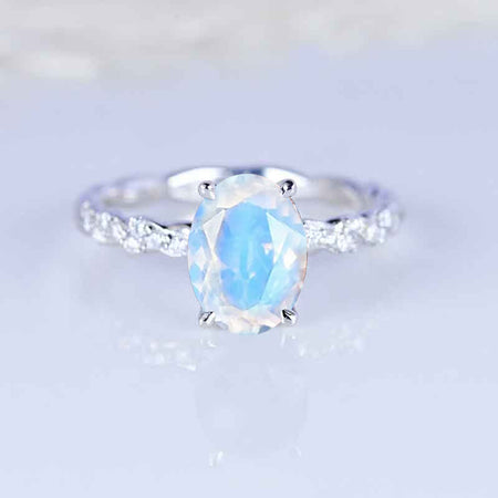 14K White Gold  2 Carat Oval Genuine moonstone Twisted Shank Engagement Ring