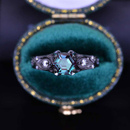 14K Black Gold Hexagon Alexandrite Celtic Engagement Ring