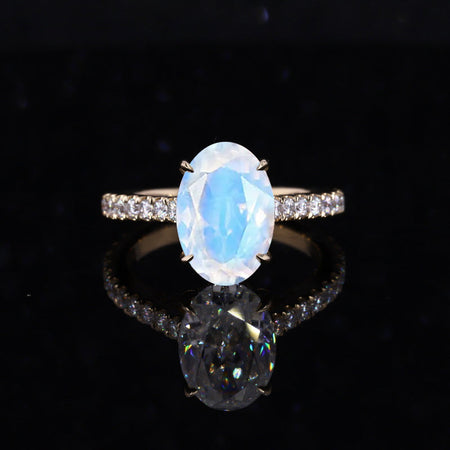 3 Carat Genuine moonstone Oval Cut Hidden Halo Rose Gold Engagement  Ring