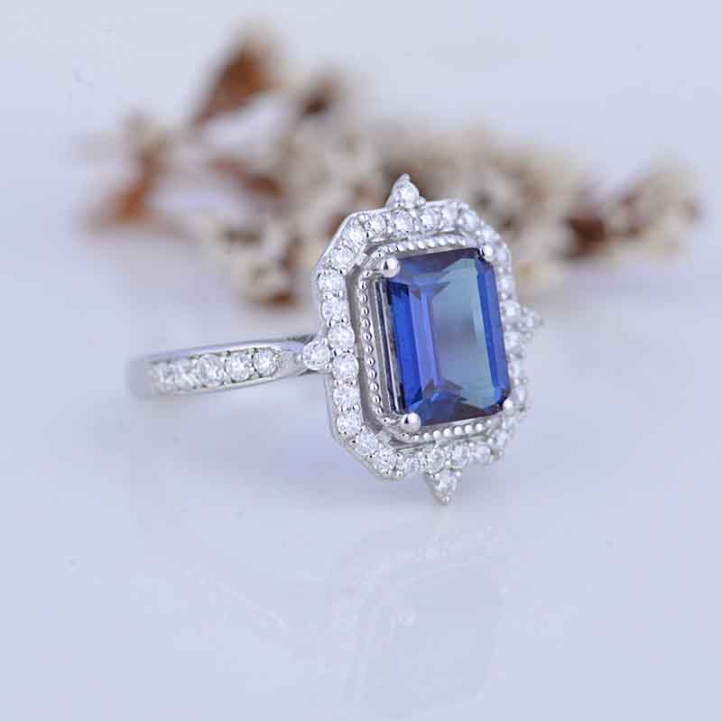 3Ct Emerald Cut Halo Alexandrite Ring, Alexandrite Ring, Alexandrite E ...