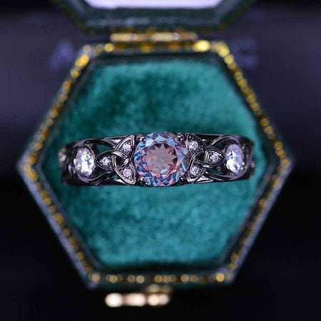 Portuguese Cut Alexandrite Celtic Engagement Ring 14K Black Gold