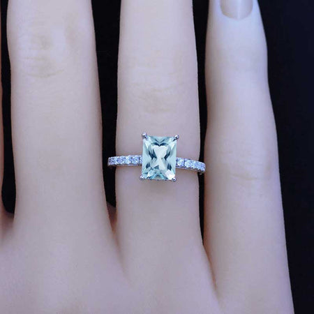 1 Carat Giliarto Radiant Genuine Natural Aquamarine Hidden Halo Engagement 14K White Gold Ring