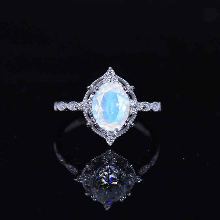 2 Carat Oval Genuine moonstone Halo Vintage Engagement Ring