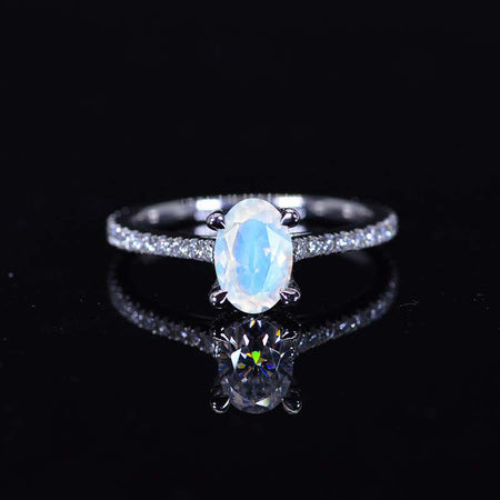 1 Carat Oval Genuine moonstone Ring, Hidden Halo Gold Engagement Ring