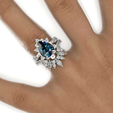 3 Carat Pear Teal Sapphire Halo Floral Engagement Ring 14K White Gold Ring Set