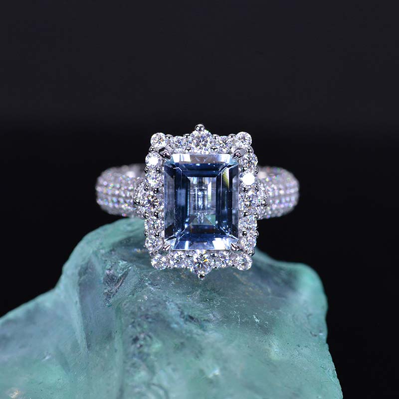 3Ct Genuine Aquamarine Engagement Ring Halo Emerald Step Cut Aquamarin ...