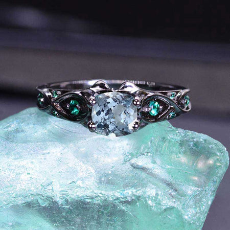 14K Black Gold Cushion Genuine Natural Aquamarine Celtic Engagement Ring