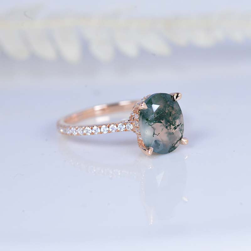 3 Carat Oval Genuine Moss Agate Hidden Halo Engagement Ring - Giliarto