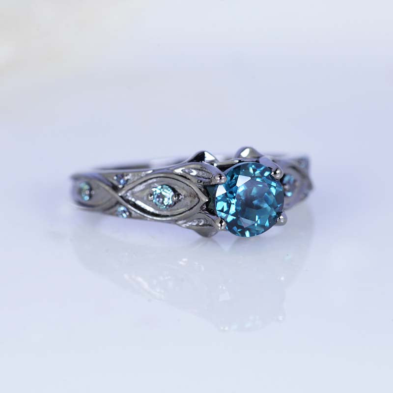 14K Black Gold Teal Sapphire Celtic Engagement Ring - Giliarto