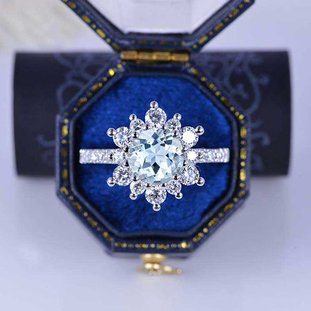 2 Carat Round Genuine Natural Aquamarine Snowflake Halo Engagement Ring. Victorian 14K White Gold Ring