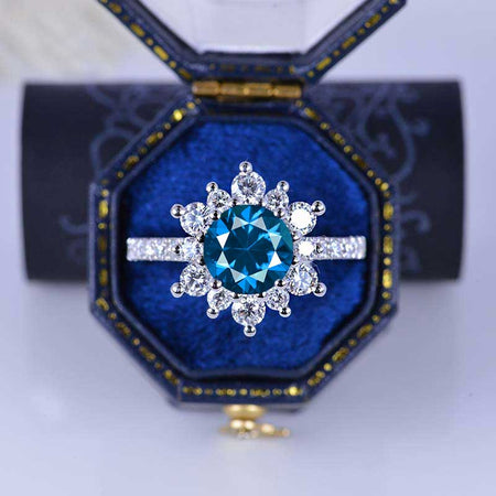 2 Carat Round Cornflower Sapphire Snowflake Halo Engagement Ring. Victorian 14K White Gold Ring