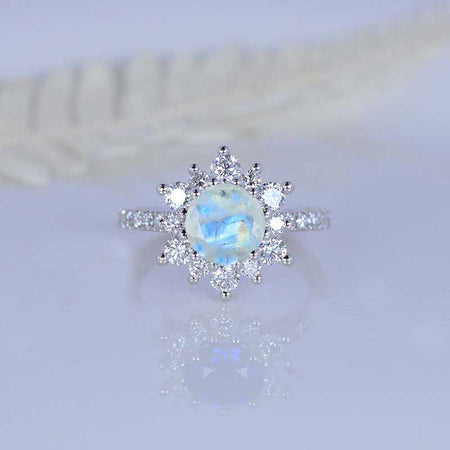 2 Carat Round Sapphire Snowflake Halo Engagement Ring. Victorian 14K White Gold Ring